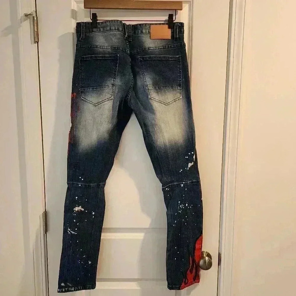 Distressed Denim Jeans Skull Graphic Patches Slim Fit Style - Picture 2 of 6